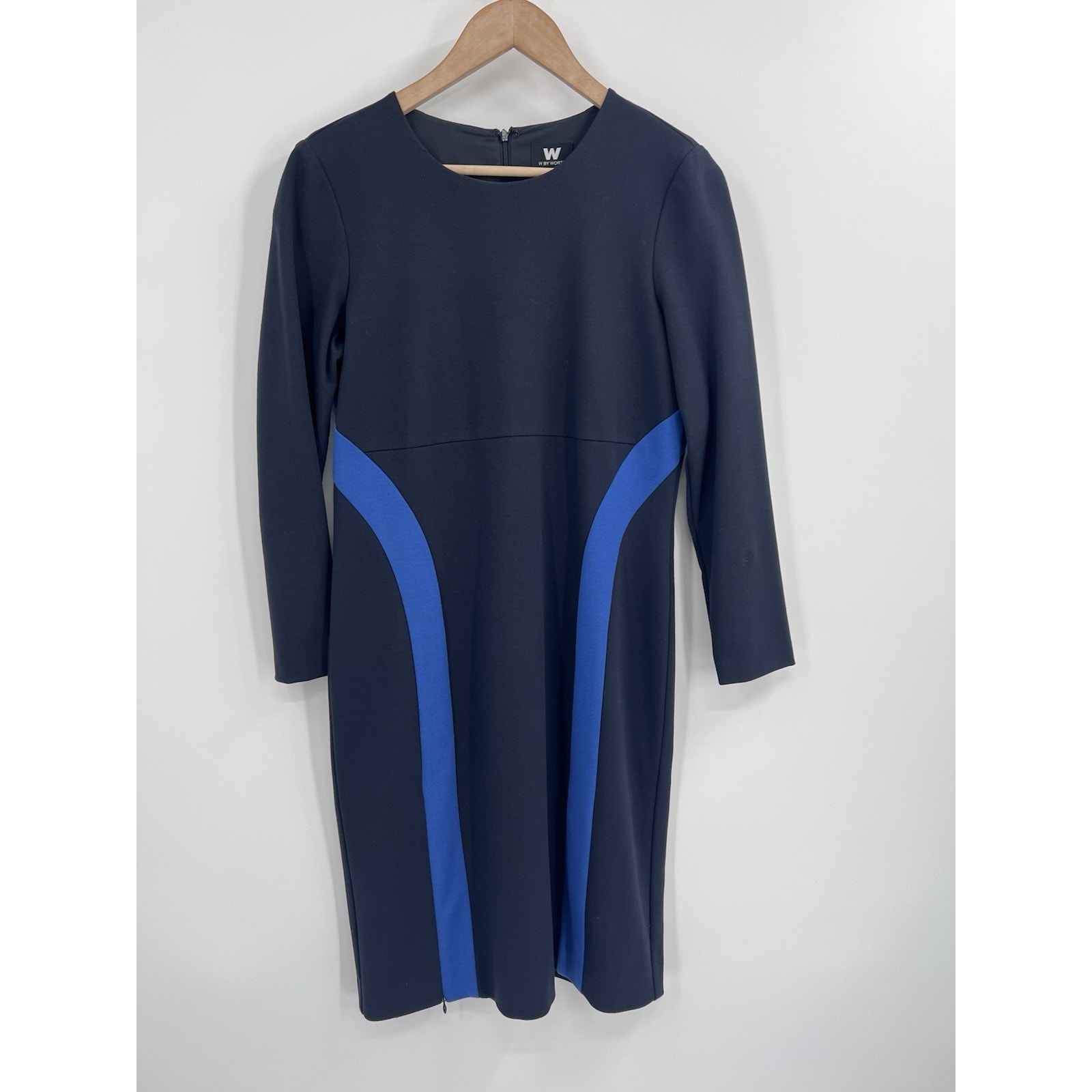 W By Worth Navy Blue Sheath Dress Zip Slit Dress 8 Long Sleeve
